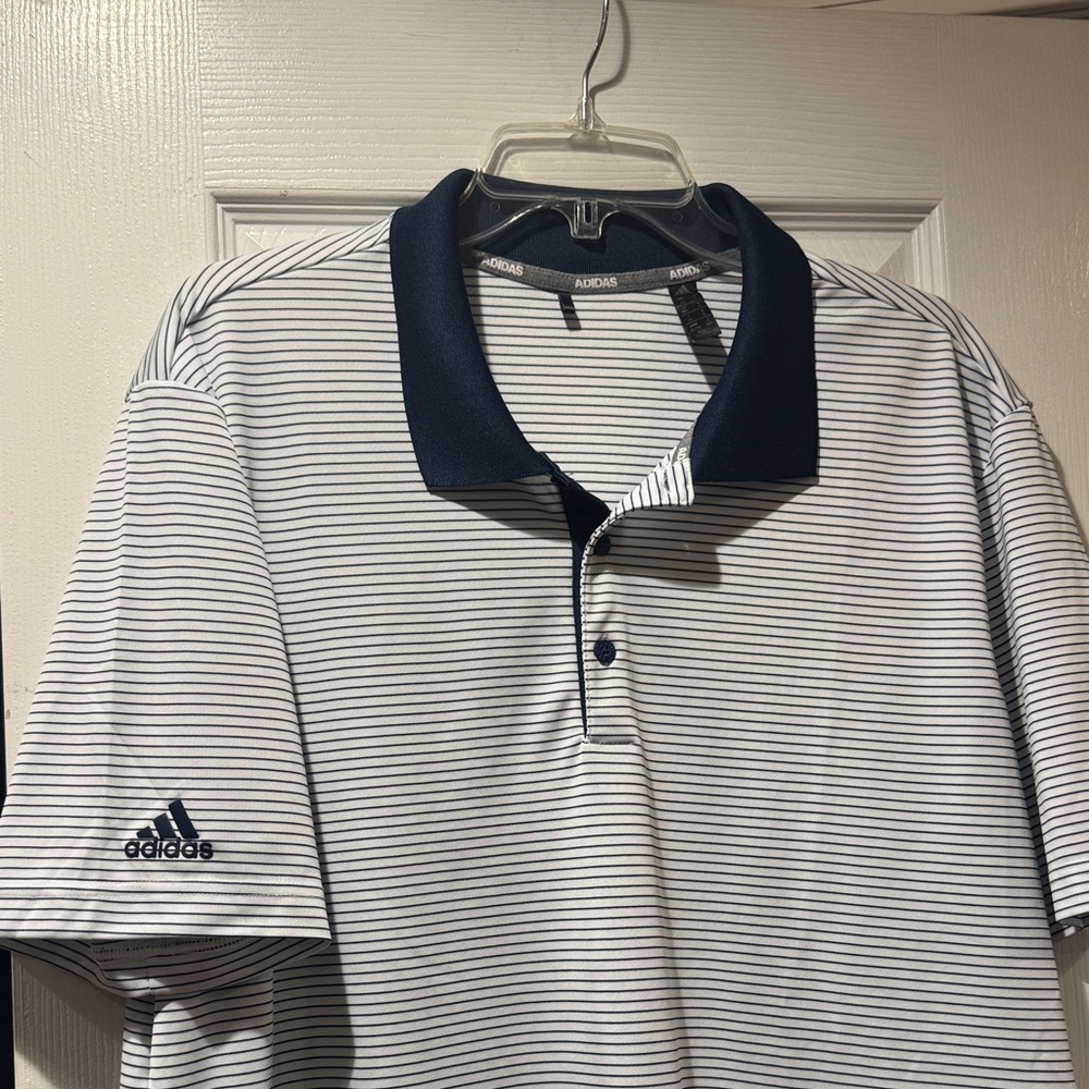 adidas Men’s White Polo with Navy Micro Stripes and Navy Collar
